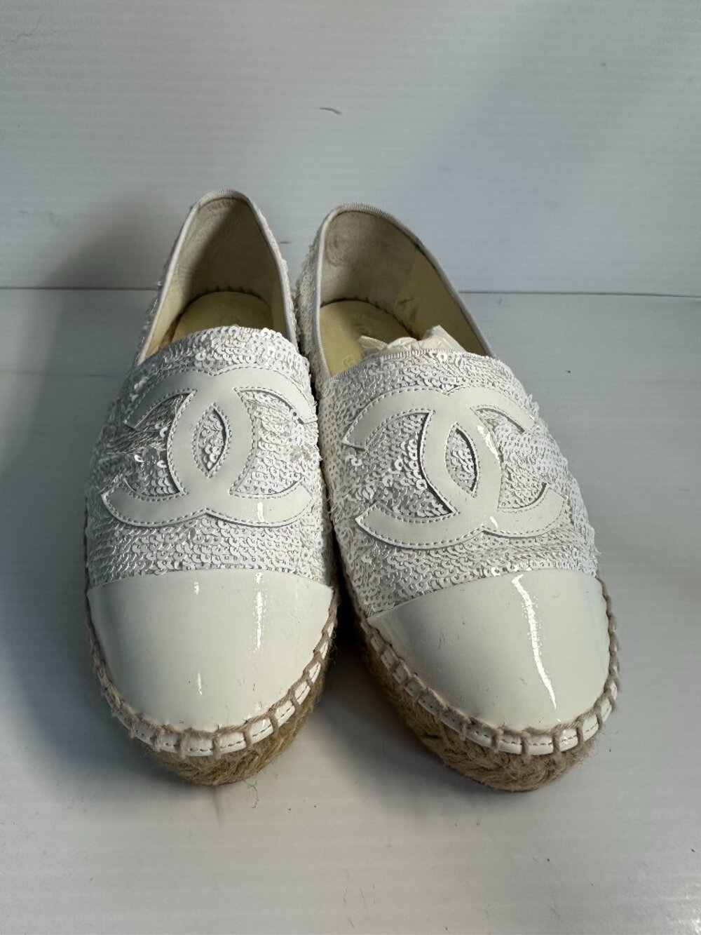 Chanel White Sequin and Patent Leather Espidrilles